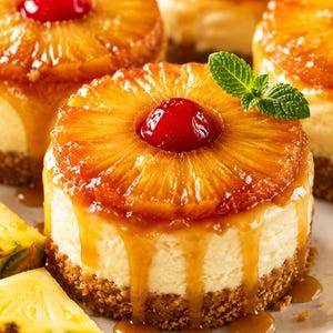Op de afbeelding: Een ronde ananas-cheesecake met een goudbruine koekjesbodem, een romige witte vulling en een gekaramelliseerde ananasring als topping, afgewerkt met een helderrode kers in het midden en overgoten met een amberkleurige siroop.