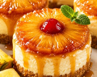 Descarga la receta casera de mini tartas de queso con piña invertidas.