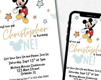 Bearbeitbare Micky Maus Einladung zum ersten Geburtstag (Digitaler Download)