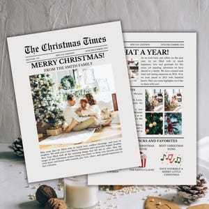 Plantilla de tarjeta navideña de periódico, resumen del año, tarjeta navideña de periódico, boletín de Feliz Navidad, felices fiestas, plantilla editable