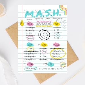 May include: A printable MASH game party invitation with a 90's theme. The invitation is designed to look like a notebook page with colorful lines and doodles. The text on the invitation reads "Miranda's Back to the 90's 30th Bday Bash".