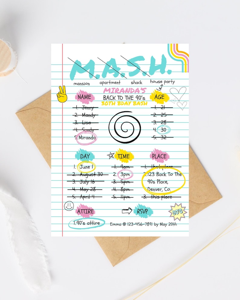 May include: A printable MASH game party invitation with a 90's theme. The invitation is designed to look like a notebook page with colorful lines and doodles. The text on the invitation reads "Miranda's Back to the 90's 30th Bday Bash".