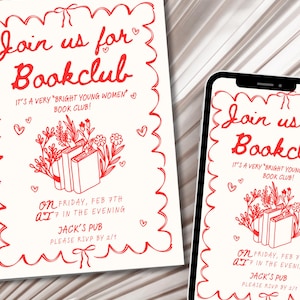 K&ouml;nnte beinhalten: Eine rote und wei&szlig;e Einladung zu einem Buchclub-Treffen. Die Einladung lautet "Join us for Bookclub" und "It's a very "Bright Young Women" Book Club!" Die Einladung enth&auml;lt auch Datum, Uhrzeit und Ort des Treffens.