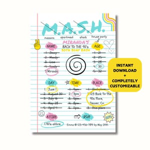 May include: A printable party invitation with a 90s theme. The invitation is designed to look like a notebook page with a spiral notebook binding. The invitation says "M.A.S.H." and "Miranda's Back to the 90s 30th Bday Bash".