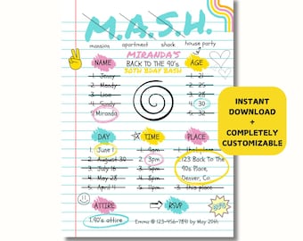 Bearbeitbare 90er Jahre MASH Geburtstagsfeier einladen: Nostalgisches Y2K-Thema (Digitale Vorlage)