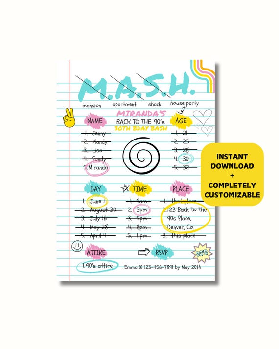 Editable 90s MASH Birthday Party Invite: Nostalgic Y2K Theme (Digital Template)