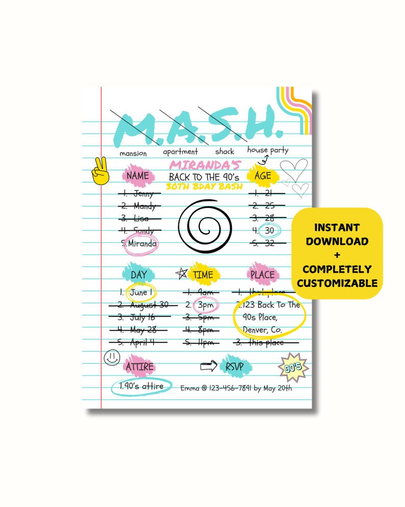 May include: A printable party invitation with a 90's theme. The invitation is designed to look like a notebook page with a spiral notebook binding. The invitation says "M.A.S.H." and "Miranda's Back to the 90's 30th Bday Bash".