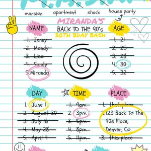 May include: A colorful party invitation with a 90's theme. The invitation is designed to look like a notebook page with a list of names, ages, days, times, and places. The text "M.A.S.H." is written in large, colorful letters at the top of the page. The invitation is for Miranda's 30th birthday bash.