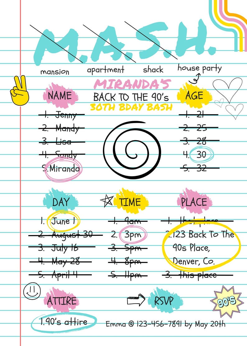 May include: A colorful party invitation with a 90's theme. The invitation is designed to look like a notebook page with a list of names, ages, days, times, and places. The text "M.A.S.H." is written in large, colorful letters at the top of the page. The invitation is for Miranda's 30th birthday bash.