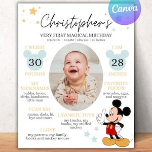 May include: A personalized baby's first birthday sign featuring a photo of a smiling baby. The sign includes the baby's name, birthdate, weight (30 pounds), and height (28 inches), along with favorite foods and toys. A Mickey Mouse graphic is also included.