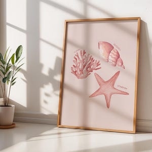Seashell Digital Print | Coral Starfish Sea Wall Art | Coastal Poster | Pink Minimalist Colors | Instant Download | Bedroom Living room home