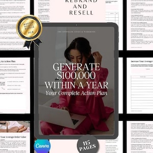 Könnte beinhalten: Ein rosa-weißer digitaler Leitfaden mit dem Titel "Generieren Sie 100.000 $ innerhalb eines Jahres: Ihr vollständiger Aktionsplan" und einer Frau, die einen Laptop benutzt. Der Leitfaden trägt das Canva-Logo und lautet "115 Seiten".