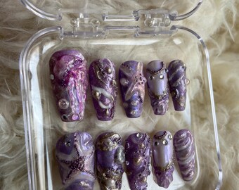 3D Mermaid Press-On Nails: Glitter Jellyfish Princess Nails