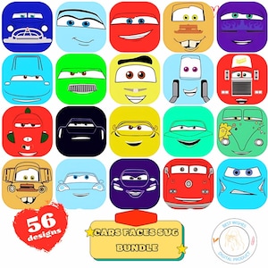 SVG Car Faces Clipart Bundle Cartoon Car Designs for T-Shirt, Sublimation, and Lightning McQueen Tow Mater Car Character Clipart