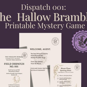 Peut inclure: Un jeu de mystère imprimable intitulé "The Hallow Bramble" avec un schéma de couleurs violet et blanc. Le jeu comprend un document de mission sur le terrain, un message de bienvenue pour l'agent et une feuille de repérage des phases de floraison.