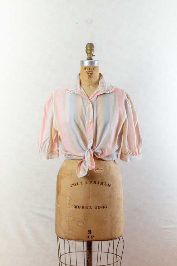 Vintage 80s Pastel Stripe Puffed Sleeve Blouse, Bu