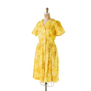 Vintage 50s 60s Sunny Yellow Floral Dress, Midi Cocktail Party Dress, Pleated Skirt, Rockabilly Garden Wedding Dress, Med Lg
