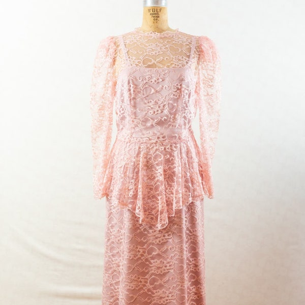 Vintage 70s Blush Pink Lace Midi Bridesmaid Prom Dress, Victorian Style, Sm Med