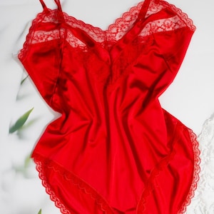 Vintage 80s Red Lace Nylon Teddie Romantic Lingerie, Retro Boudoir Bridal S