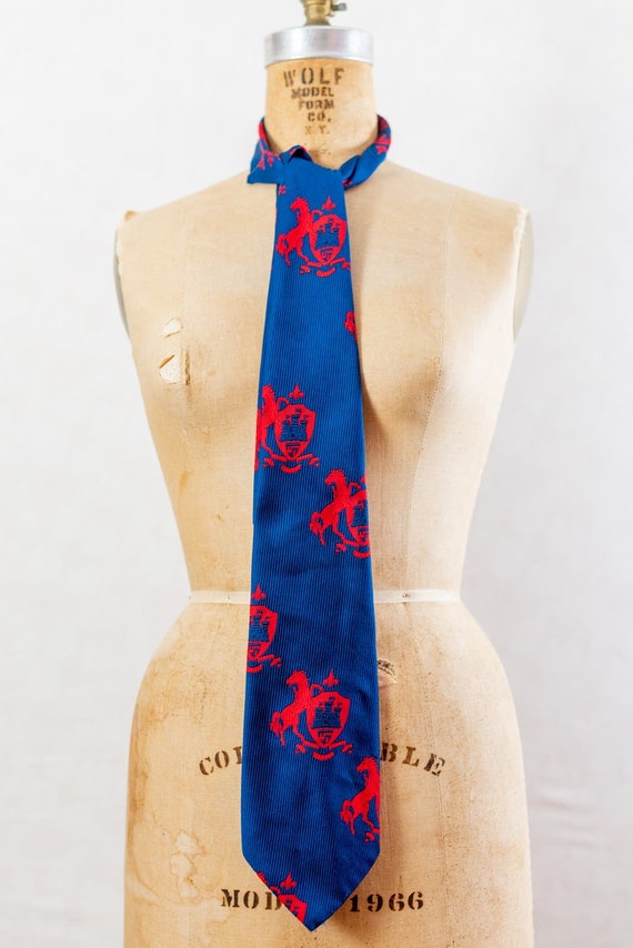 Vintage 70s Blue Chip Necktie, Red And Blue Horse 