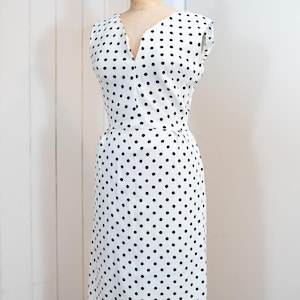 Vintage 1940s Polka Dot Wiggle Dress XS, Rockabilly Black White Linen Cocktail Dress Pinup Retro