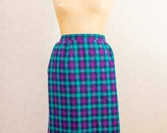 Vintage jaren 80 tartan geruite Pendleton-potlood wiebelrok, paars groenblauw zwart, maat 16