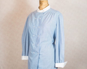 Vintage 80s Women's Blue Pinstripe Ticking French Chef Shirt, Button Front, Med