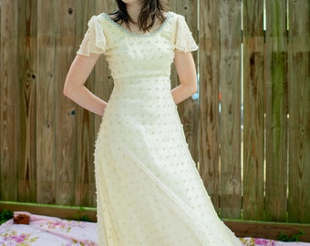 Vintage 60s 70s empire waist flocked silver & white wedding dress, regency formal gown, XS