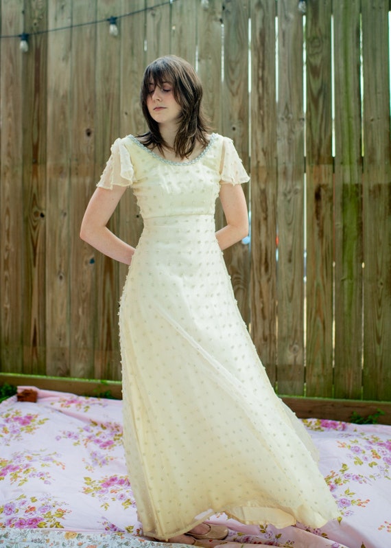 Vintage 60s 70s Empire Waist Flocked Silver & White Wedding Dress 