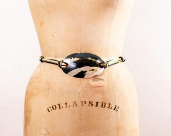 Vintage 80s Statement String Belt, Gold & Black with Mother of Pearl Abalone Shell, Glam Accessory, One Size