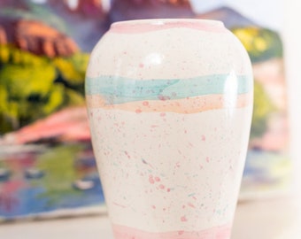 Vintage 80s Southwest Pastels Stoneware Vase, Cream, Peach, Pink, Aqua 9.5"