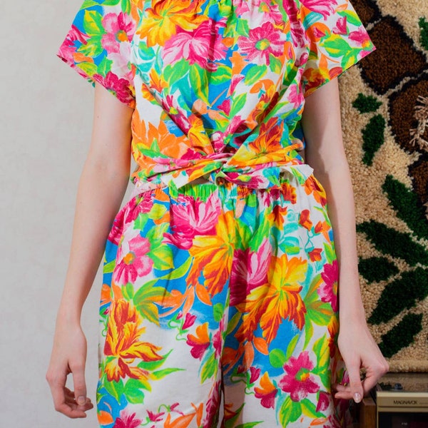 Vintage 80s Bright Tropical Floral Playsuit, Shirt Shorts, Cotton Summer Wear L XL