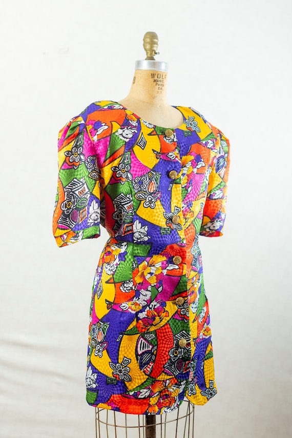 Vintage 80s BRIGHT Floral Abstract Colorful Mini D