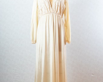 Vintage 70s Silky Maxi Nightgown, Cream Lace, Deep V Neckline, Retro Lingerie M