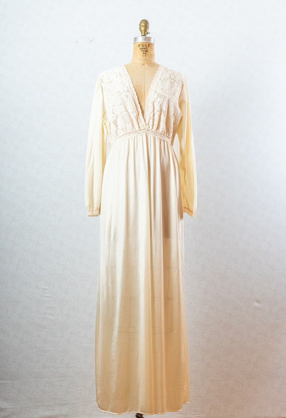 Vintage 70s Silky Maxi Nightgown, Cream Lace, Deep