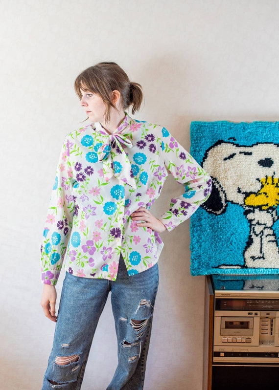 Vintage 70s flower power groovy floral blouse, ps… - image 1