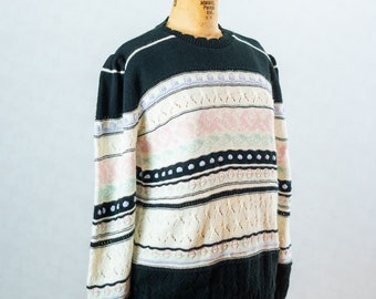 Vintage 80s Pastel Florals and Black Striped Knit Sweater, Retro Ski, Beldoch Popper, Med