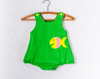 Vintage 60s Sears Baby Romper Bubble Suit, 6-9mo Green With Fish, Novelty Retro Kids Clothing