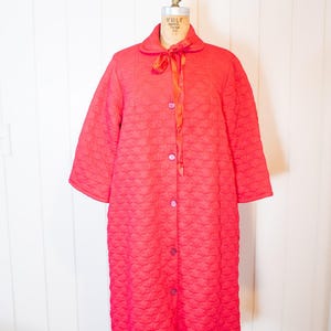 Vintage 60s Red Quilted Nylon Robe, Silky Midi Retro Lingerie Housecoat, Glam Pinup Med LG