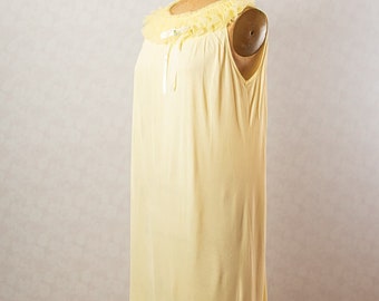 Vintage 60s Butter Yellow Nylon Midi Nightgown, Negligee, Retro Lingerie. Ruffle Collar, Med