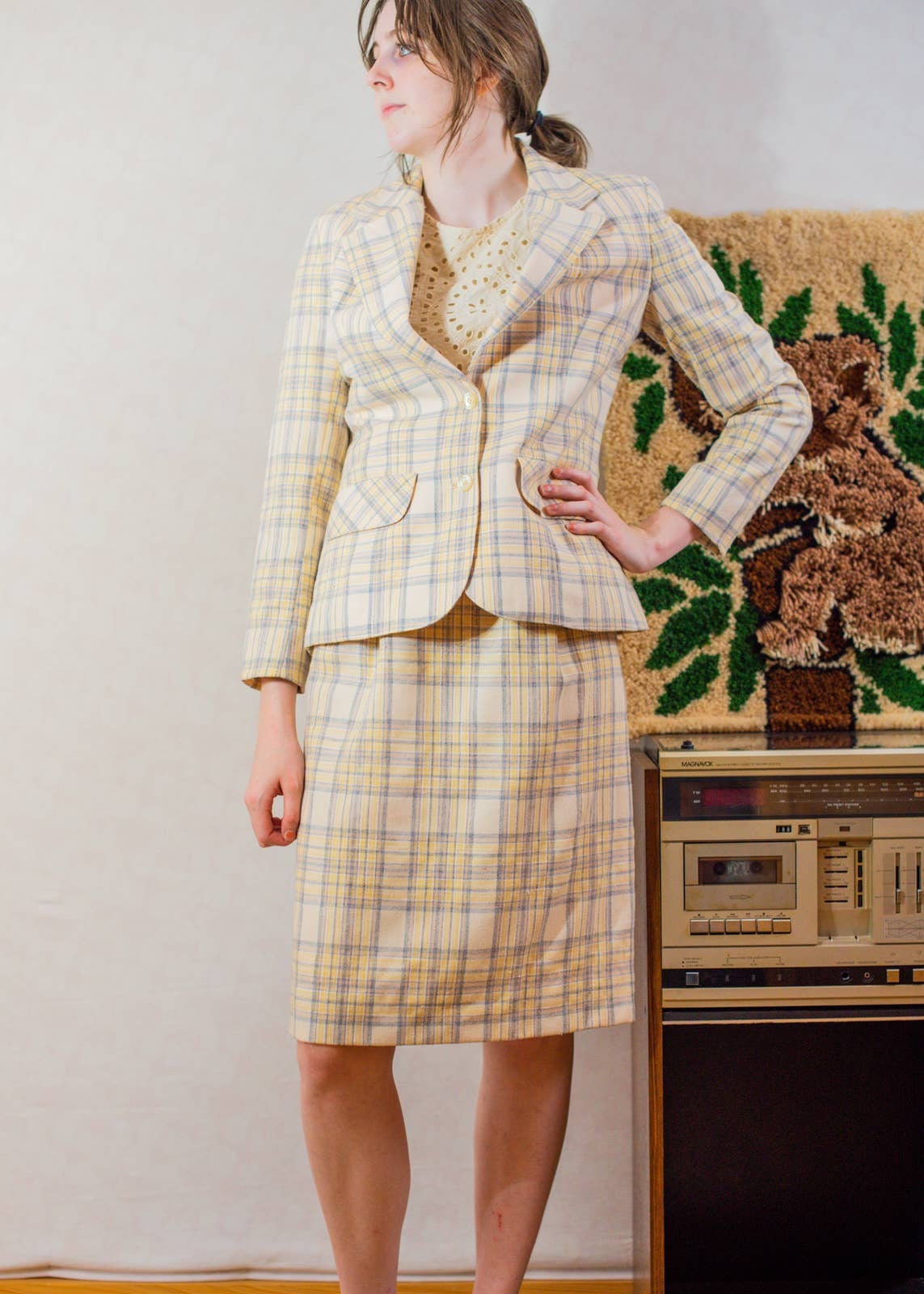 Plaid yellow deals blazer and skirt