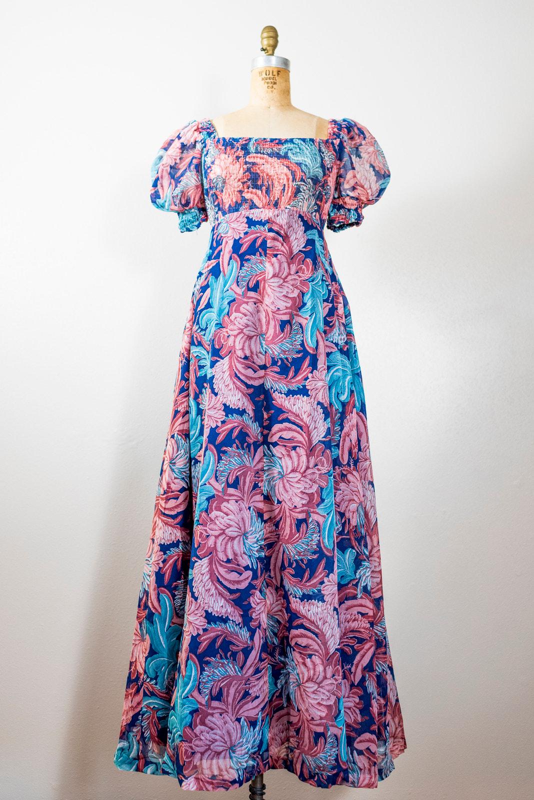 Vintage 1970s Lemon Floral Cotton Gauze Floaty Floral Maxi