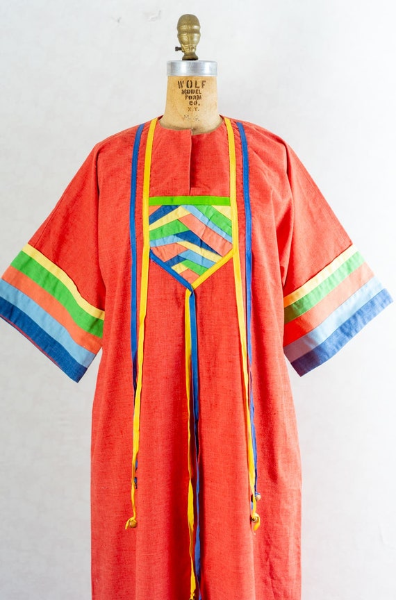 Vintage 70s Amazing Festival Caftan, Bright Orang… - image 2