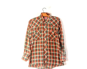 Vintage 80s Ely Plains Pearl Snap Western Shirt, Grunge Thrashed, Brown Plaid M