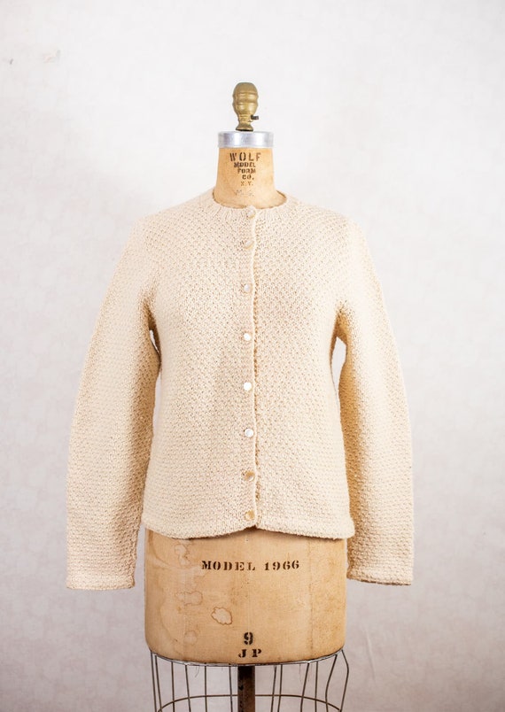 Vintage 60s Cream Hand Crochet Sweater Cardigan, C