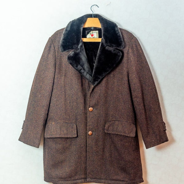 Vintage 60s 70s Men's Field And Stream, Wool Faux Fur Herringbone Chore Coat 40R