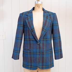 Vintage 90s Blue Green Plaid Wool Blend Blazer, Oversized Academia Preppy Jacket, Sz 4P, Office Corporate Wear