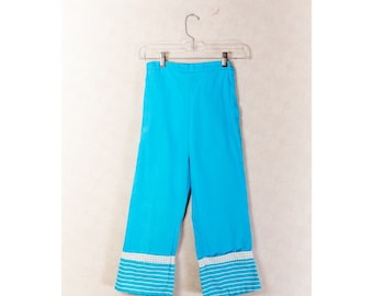 Vintage 1960s 70s Cotton Bell Bottom Kids Pants, 3T 4T, Retro Aqua Polka Dot