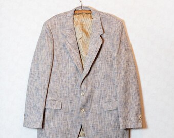 Vintage 70s Men's Oleg Cassini Blazer Sport Coat, Woven Silk Linen Tweed, Beige Blue, 42R