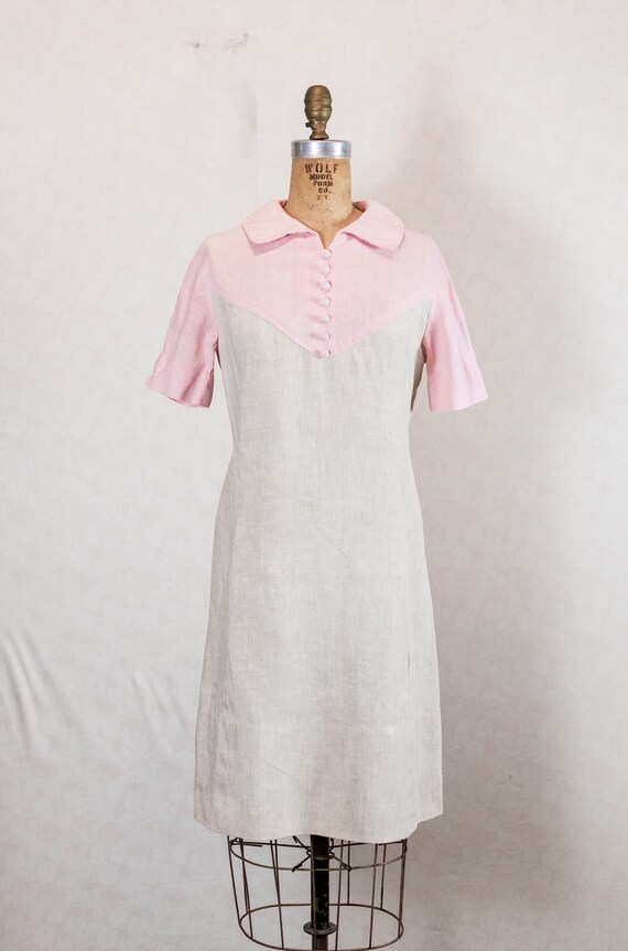 Vintage 60s 1960s Mod Linen Shift Day Dress, Paste